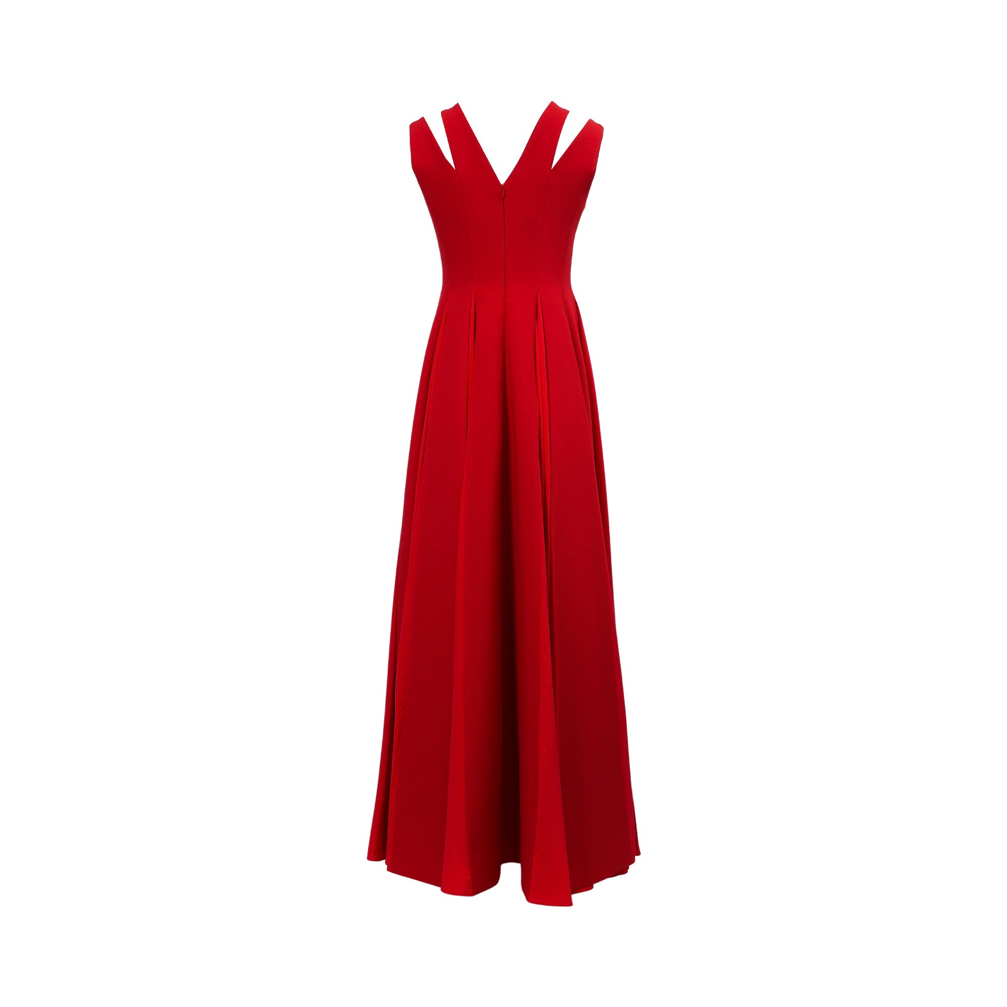 Red floor-length dress with a V-back, multi-strap shoulders, and a pleated A-line skirt.