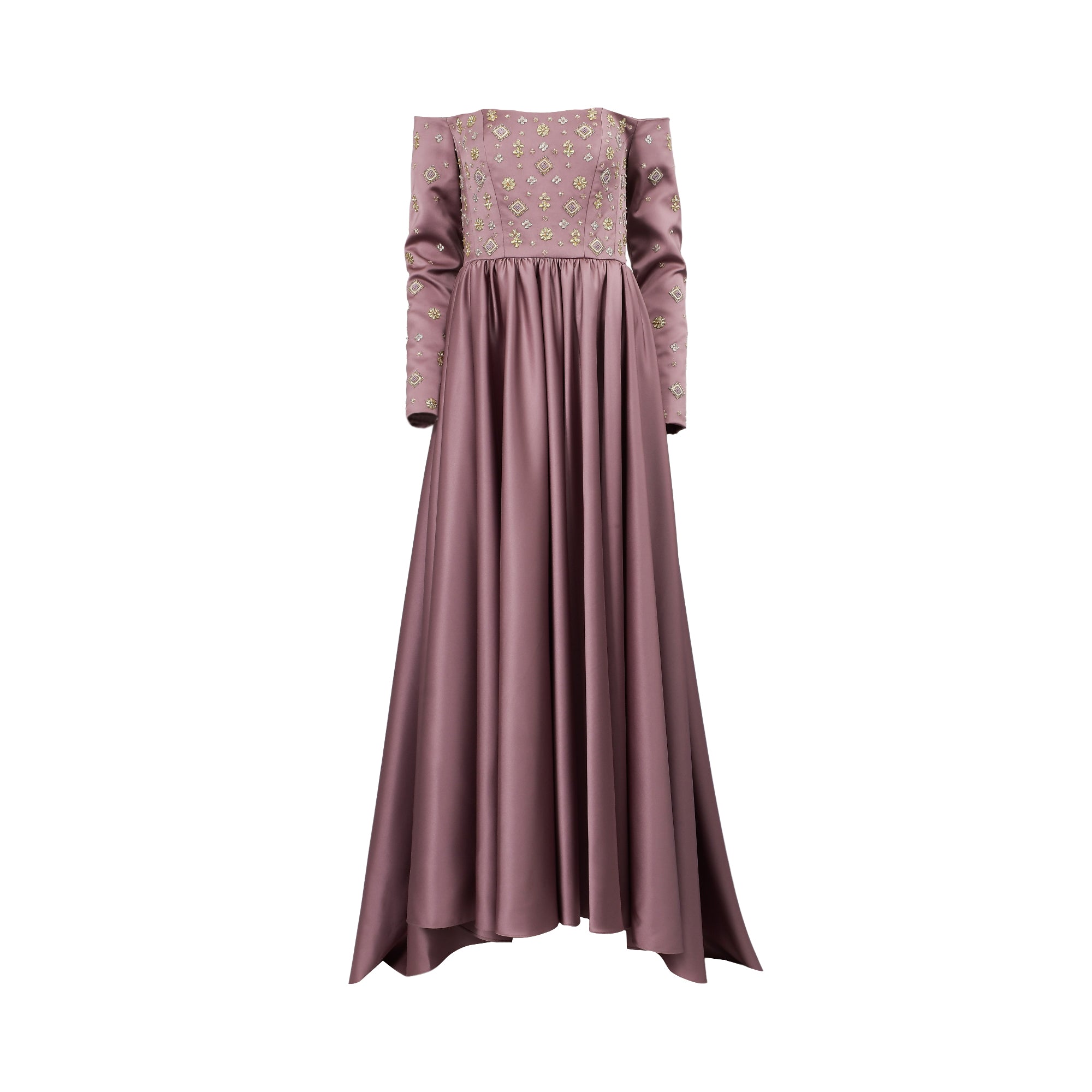 Pink off-shoulder long dress with full sleeves, an embellished bodice, gathered waist, and a high-low hem.