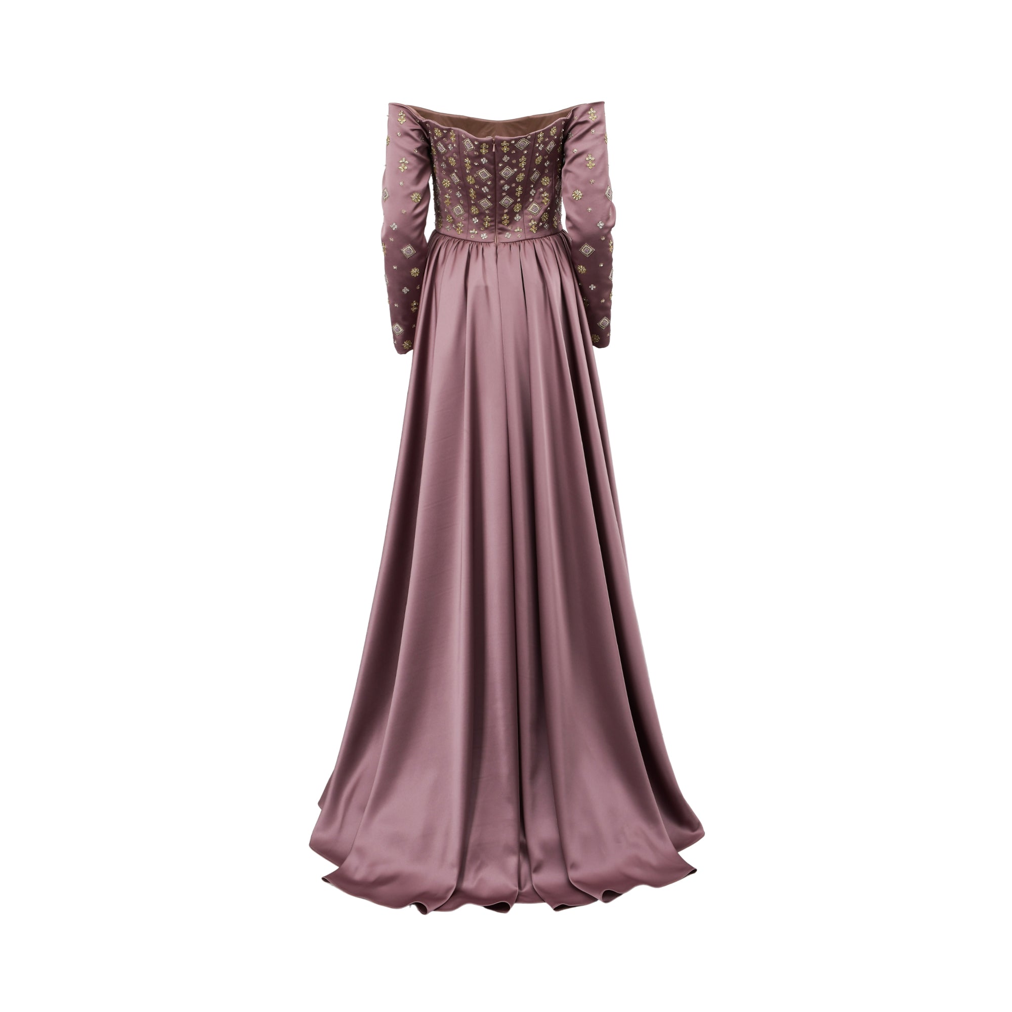 Mauve off-the-shoulder gown, back view. Long sleeves and bodice feature gold-toned embroidery. Full, flowing skirt.
