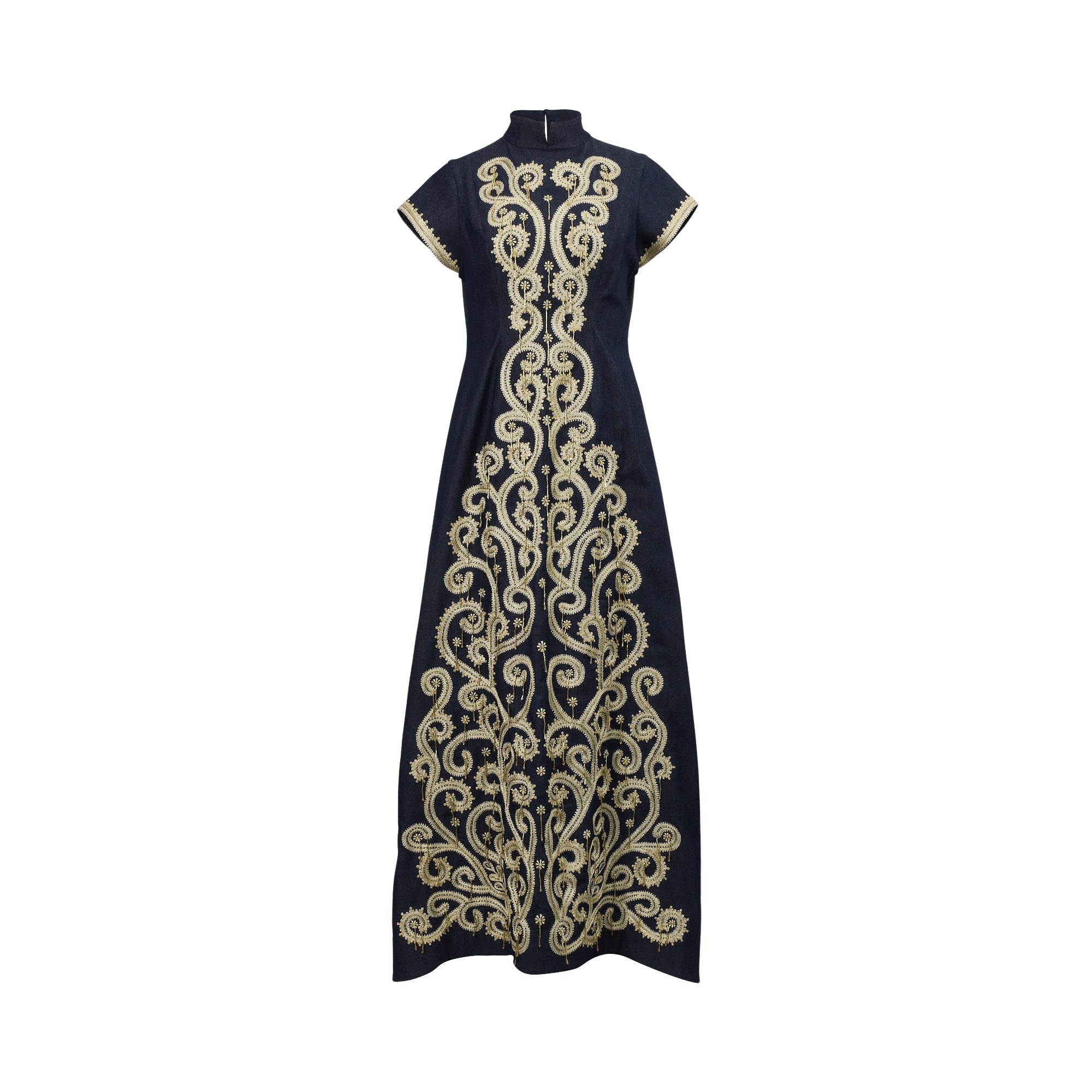 Dark blue long dress with a high collar, short cap sleeves, and extensive gold-toned swirling embroidery on the front.