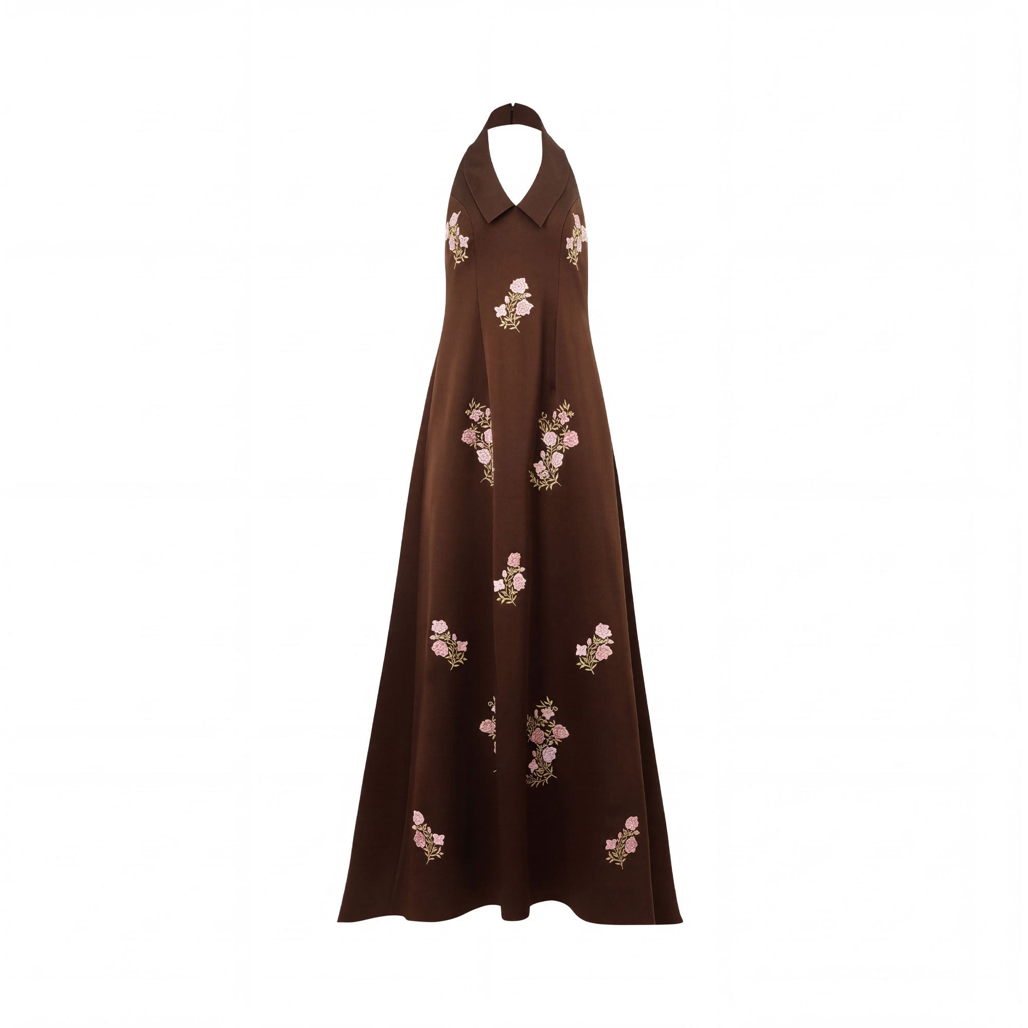 Brown halter neck maxi dress with a pointed collar and scattered pink and green floral embroidery.