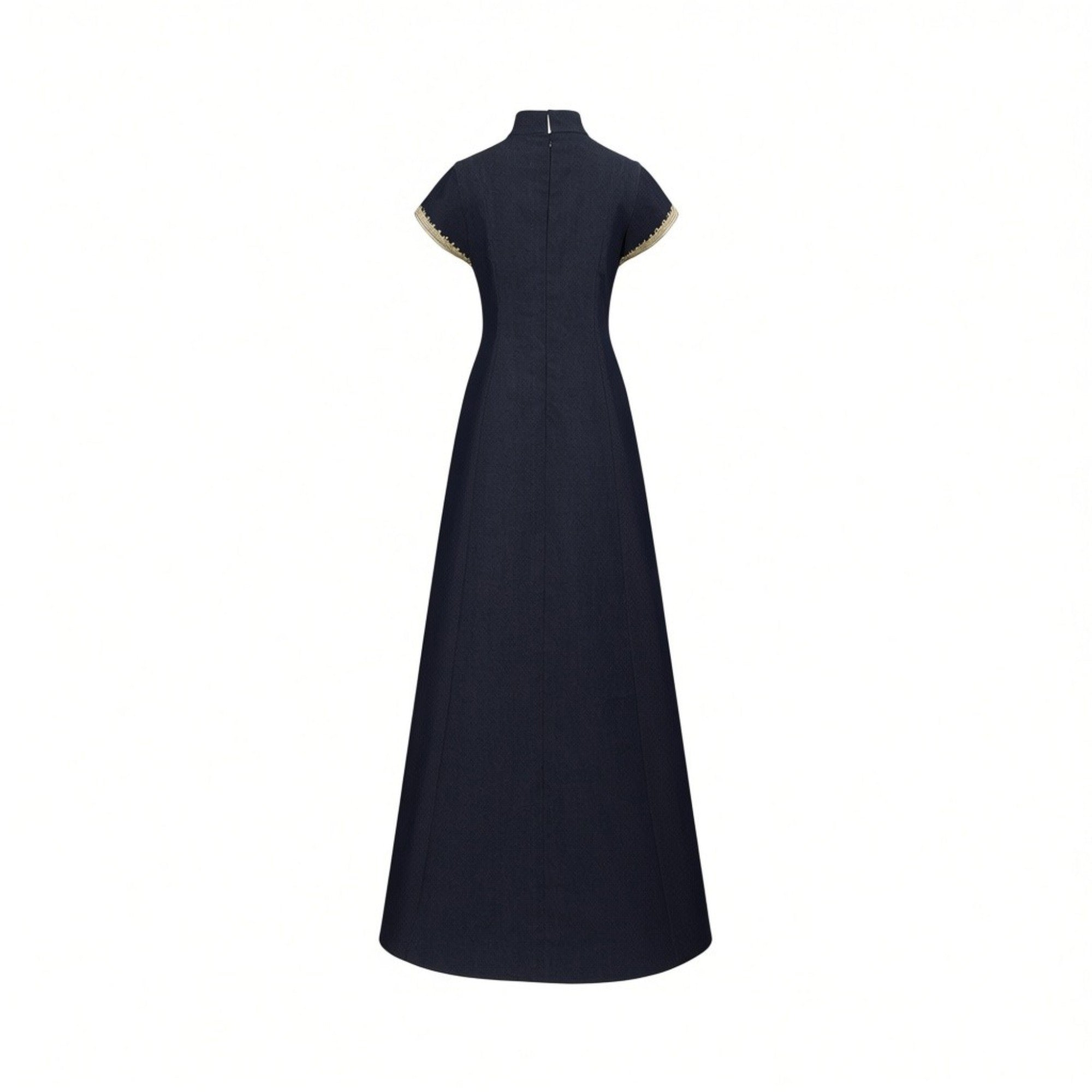 Dark blue long dress with a mandarin collar, short cap sleeves with gold-toned trim, and a back zipper closure.