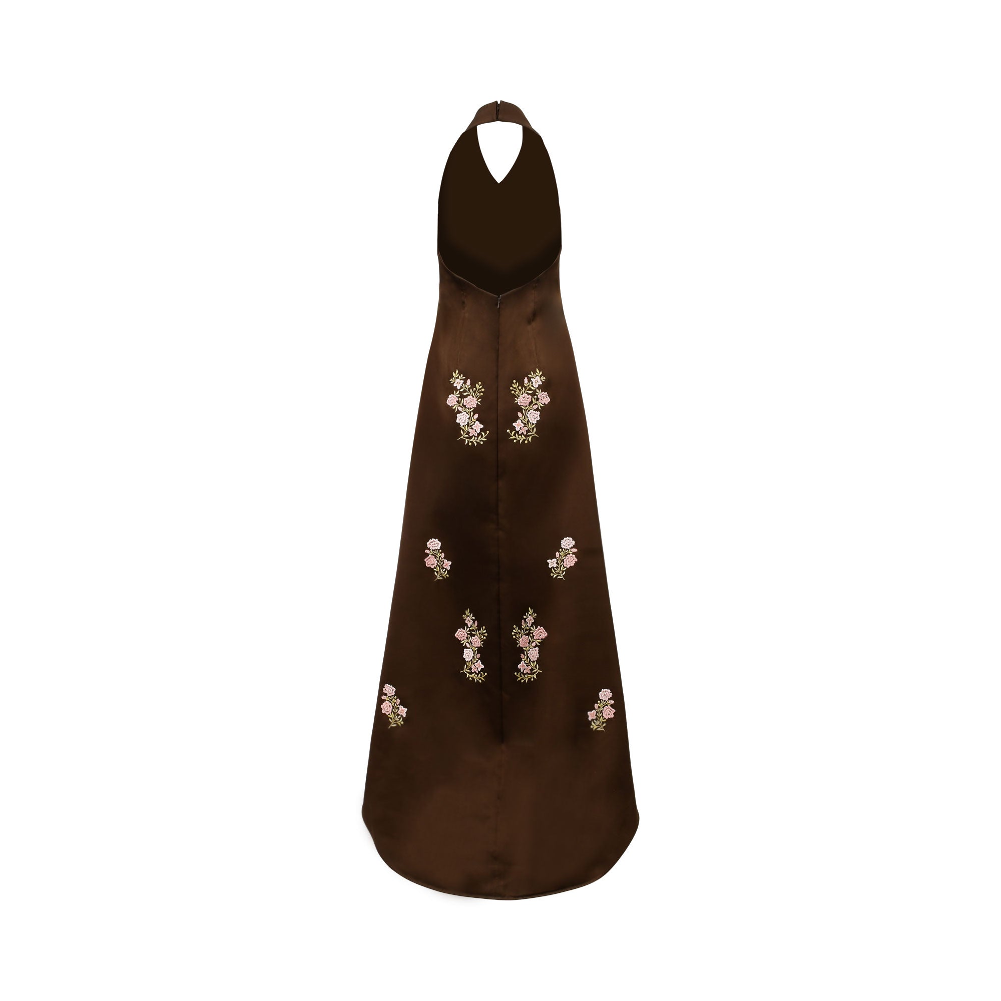 Brown satin halter neck maxi dress with an open V-back and scattered pink floral embroidery on the back.