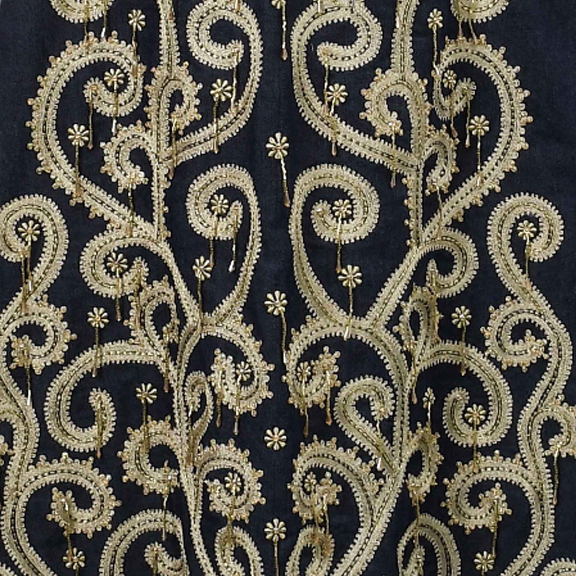 Dark brown dress with intricate gold-toned embroidery featuring swirling paisley patterns, small flowers, and dangling beads.