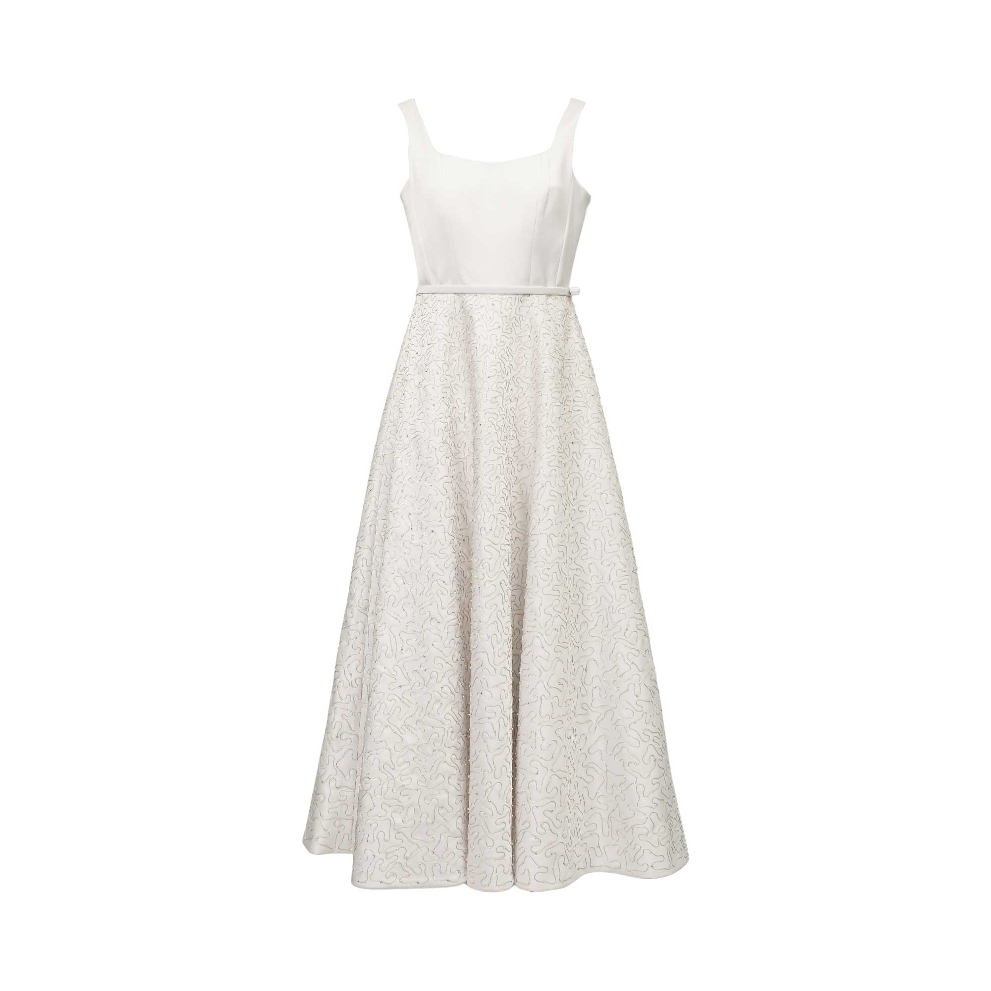 White long dress with a square neckline, wide shoulder straps, and a flowing A-line skirt featuring a subtle abstract pattern