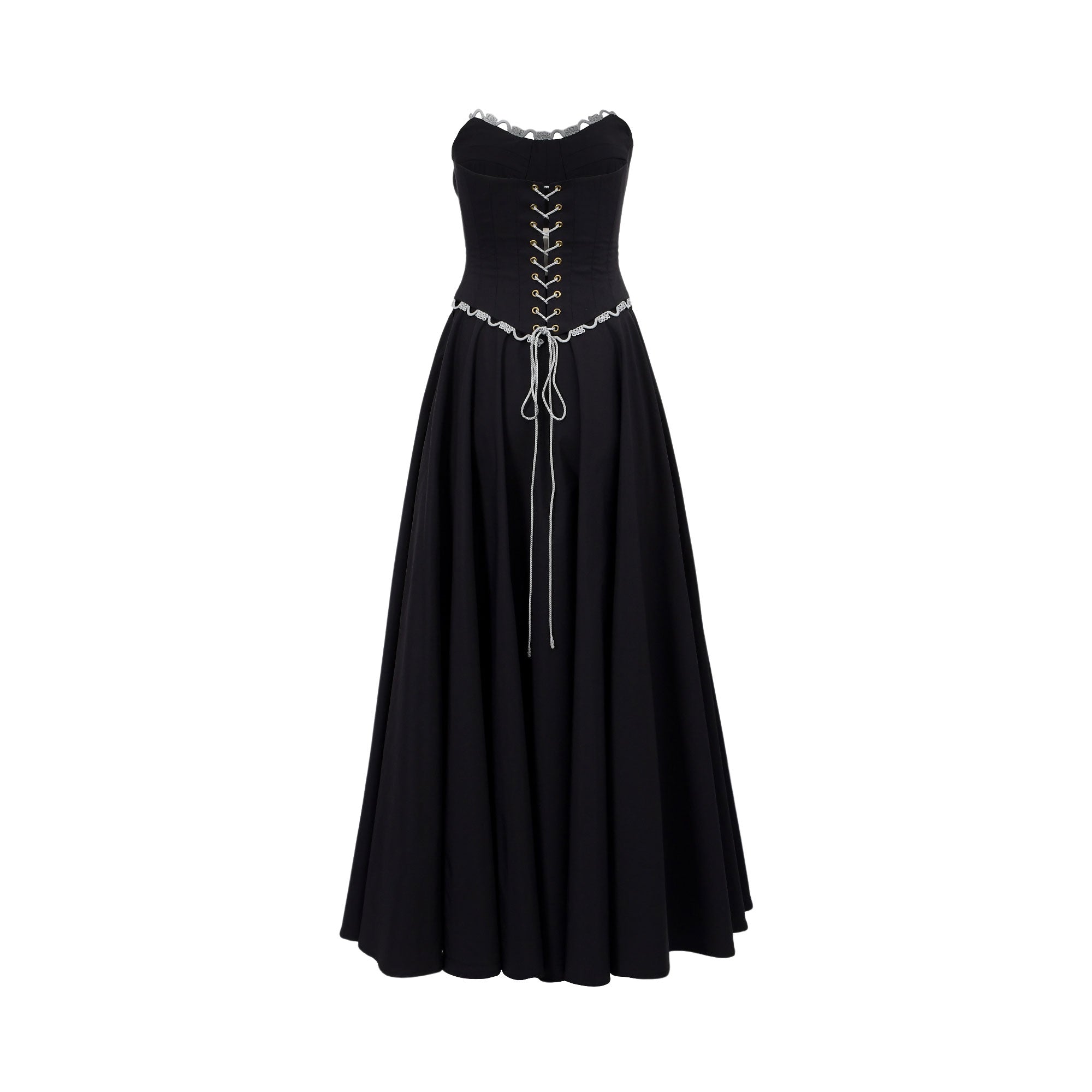 Black strapless corset top with white front lacing and white lace bust trim. Long black A-line skirt with white wavy waist tr
