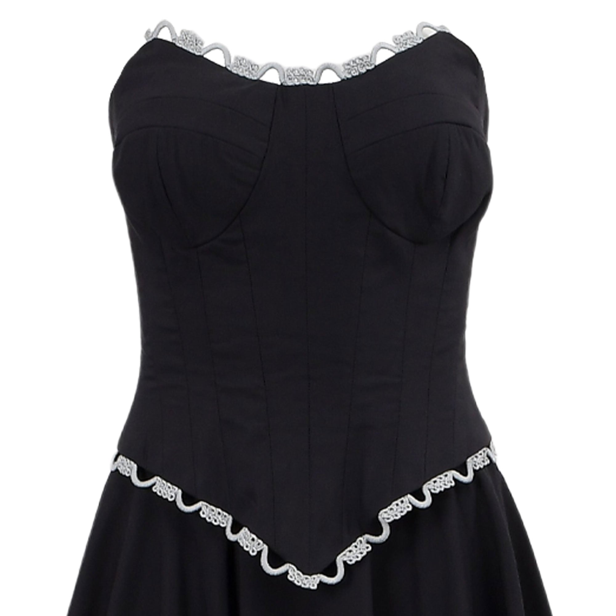 Black strapless top with sweetheart neckline and white scalloped lace trim, paired with a flared skirt featuring a matching V