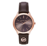 Michael Kors Slim Runway Ladies Brown Dial Rose Gold Case Brown Leather Strap Watch