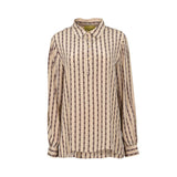 Beige long-sleeve shirt by MOMONI with all-over logo stripe pattern, button front, and relaxed fit.