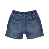 Back view of the denim shorts showcasing two patch pockets and the gathered elastic waistband for comfort.