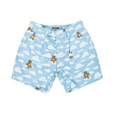 Detailed view of the light blue baby shorts with an all-over cloud and teddy bear print, featuring a white front button.