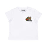 Detailed front view of the white cotton T-shirt highlighting the "Star Moschino" teddy bear patch on the chest.