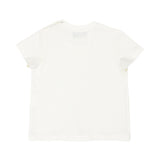 The back of the plain white cotton baby T-shirt, showing the shoulder snap-button closure.