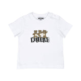 Detailed front view of the white short-sleeved T-shirt highlighting the three teddy bears above the Moschino block logo.
