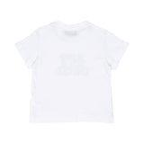 The back of the white cotton baby T-shirt showcasing the shoulder snap buttons and smooth fabric finish.