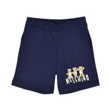 Close-up of the navy blue baby shorts featuring an elasticated waist and the matching logo graphic on the left leg.