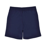 Rear view of the navy blue jersey shorts showing the ribbed waistband and simple construction.