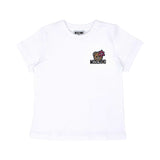lose-up of the white cotton T-shirt showing the Moschino Toy Bear graphic with a pink flower on the left chest.