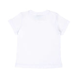 The plain back of a white short-sleeved cotton T-shirt for children.