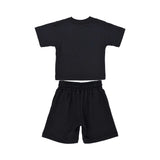 Back view of Moschino kids' black cotton T-shirt and shorts set.
