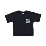 Front view of Moschino kids' black short-sleeve T-shirt with white triple logo on chest pocket.