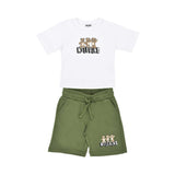 A Moschino Kid two-piece set featuring a white T-shirt and olive green shorts, both with a triple teddy bear and logo graphic.