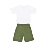 Rear view of the white baby T-shirt and green jersey shorts showing the back pocket on the shorts.