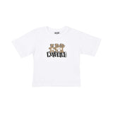 Detailed front view of the white short-sleeved T-shirt highlighting the three teddy bears above the Moschino block logo.