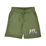 Close-up of the green baby shorts featuring an elasticated drawstring waist and the matching logo graphic on the left leg.