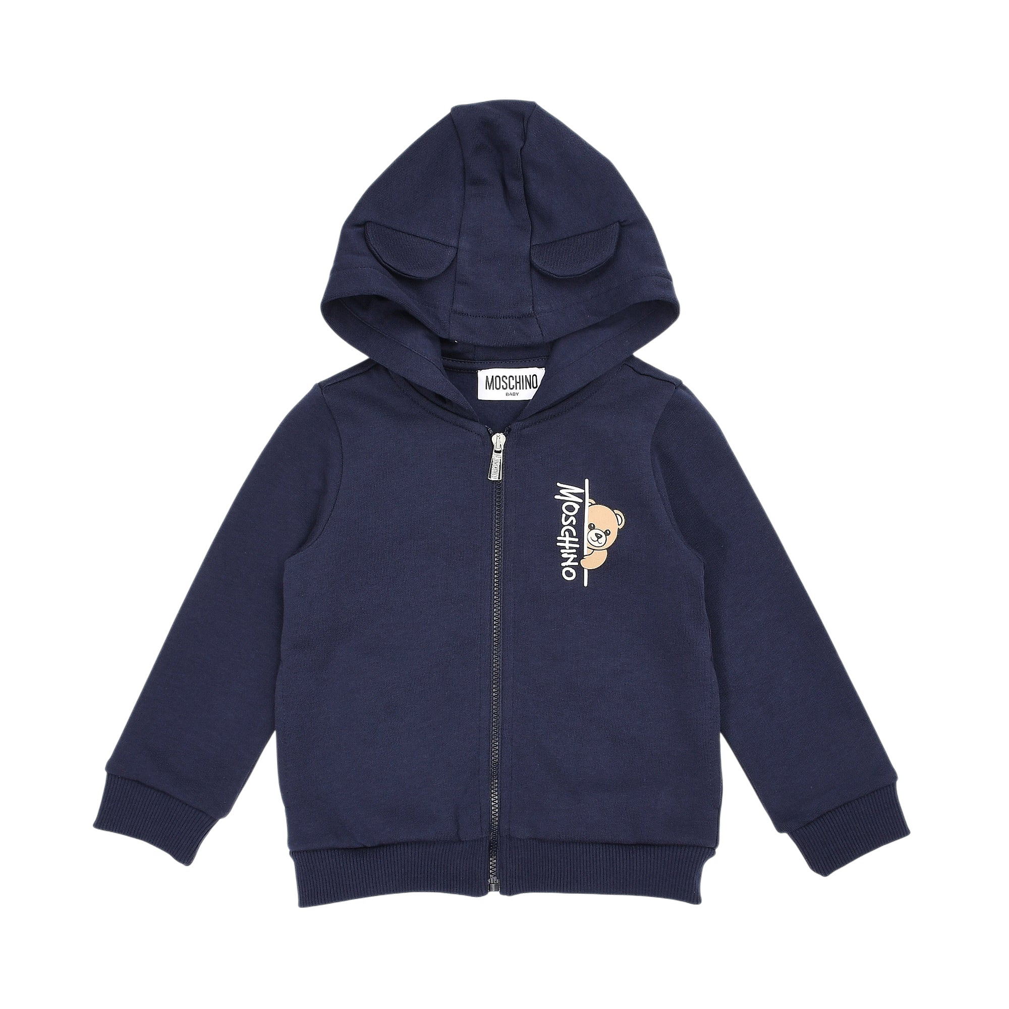 Navy blue full-zip hoodie with ear-like details on the hood. Features a silver-toned zipper and a Moschino logo with a peekin