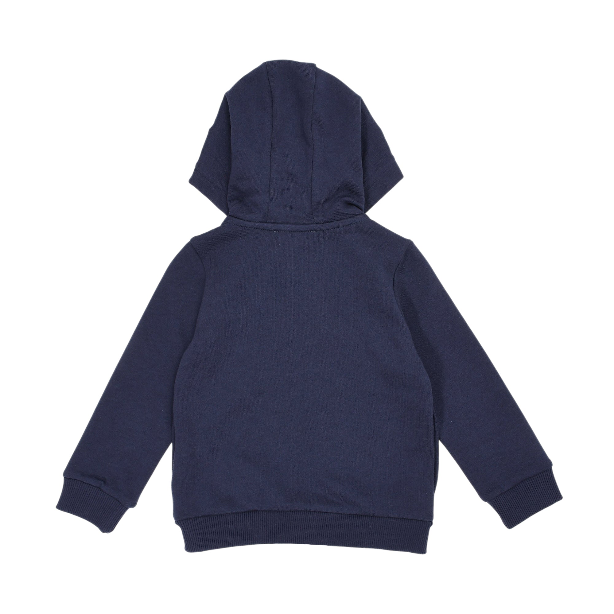 Back view of a navy blue fleece hoodie with long sleeves, ribbed cuffs, and a ribbed hem.