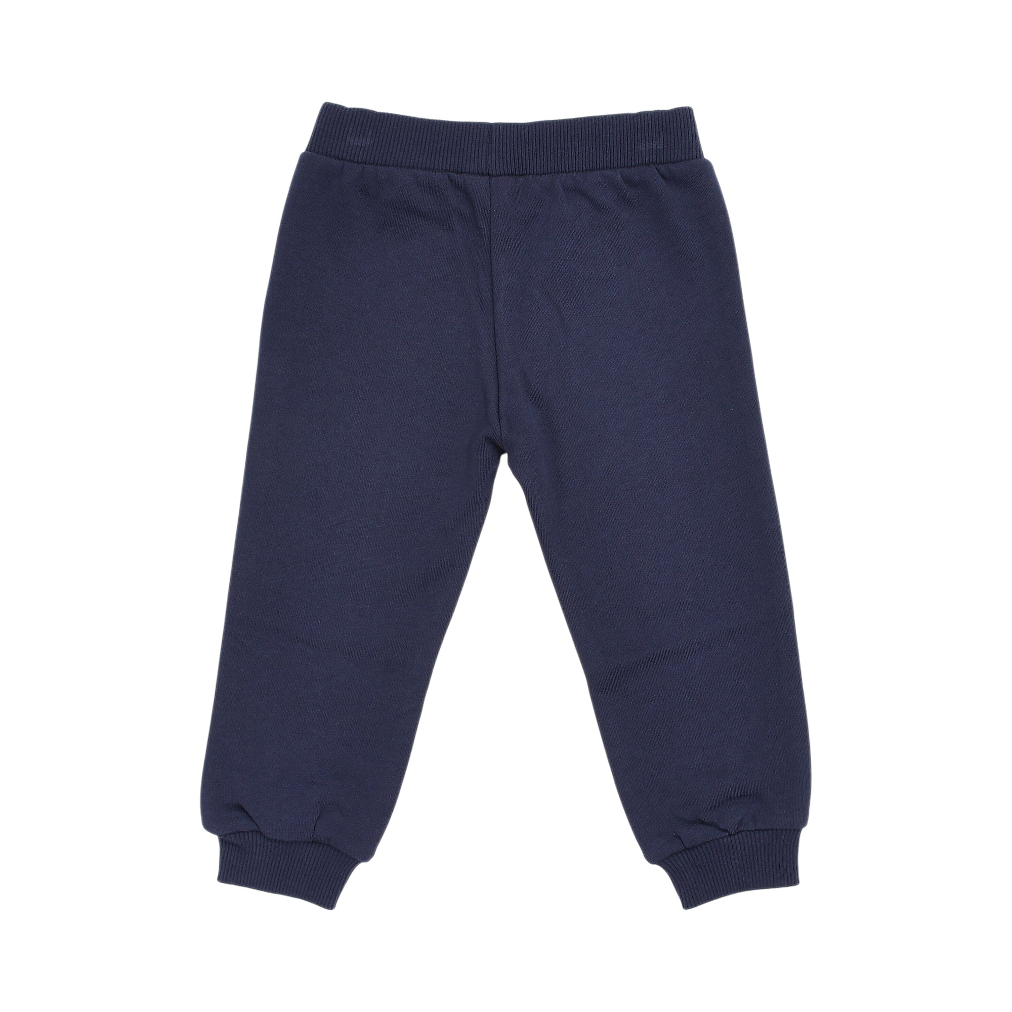 Navy blue jogging suit pants with a ribbed elastic waistband and ribbed ankle cuffs.