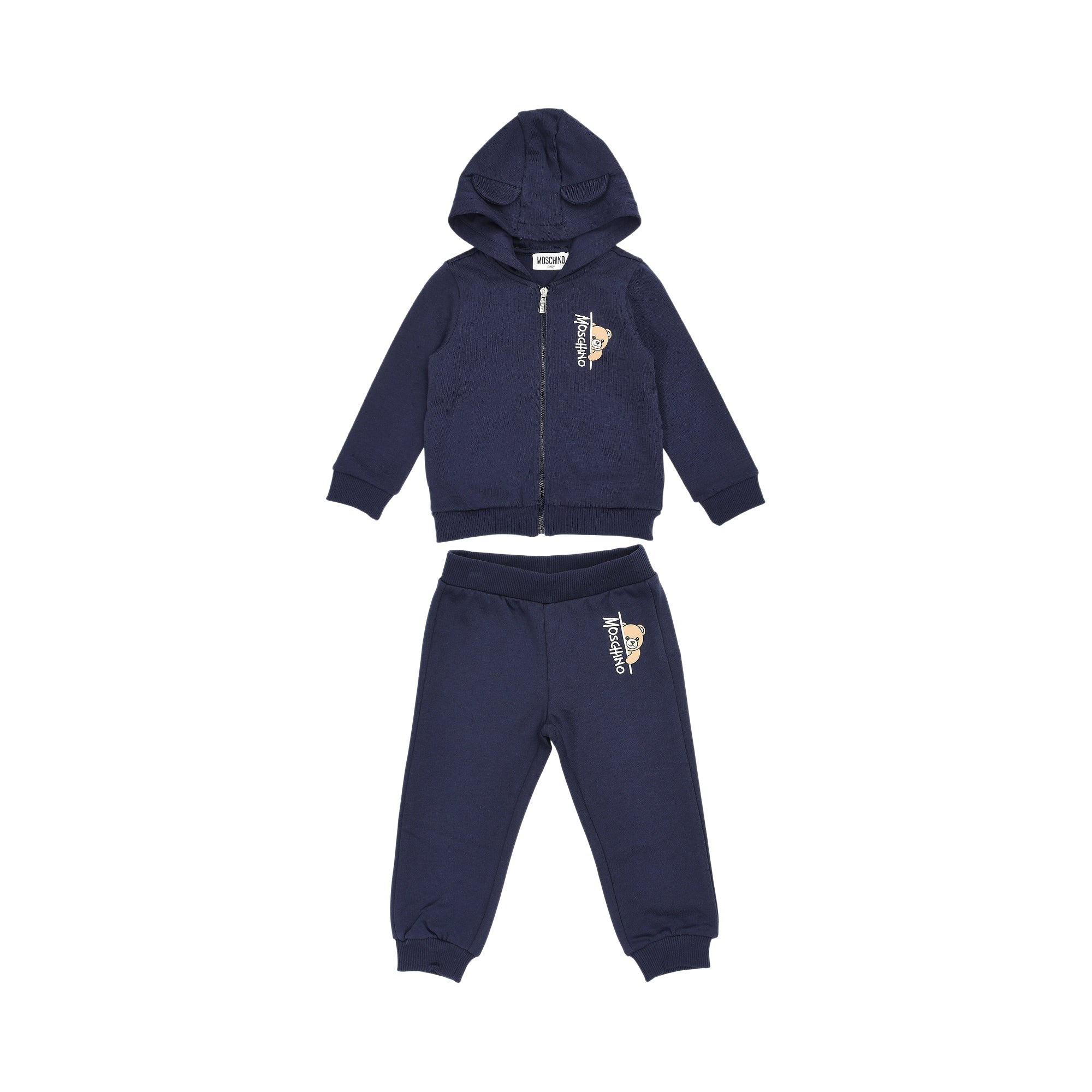 Navy blue Moschino Kids jogging suit, including a zip-up hooded jacket with bear ears and matching trousers with a teddy bear