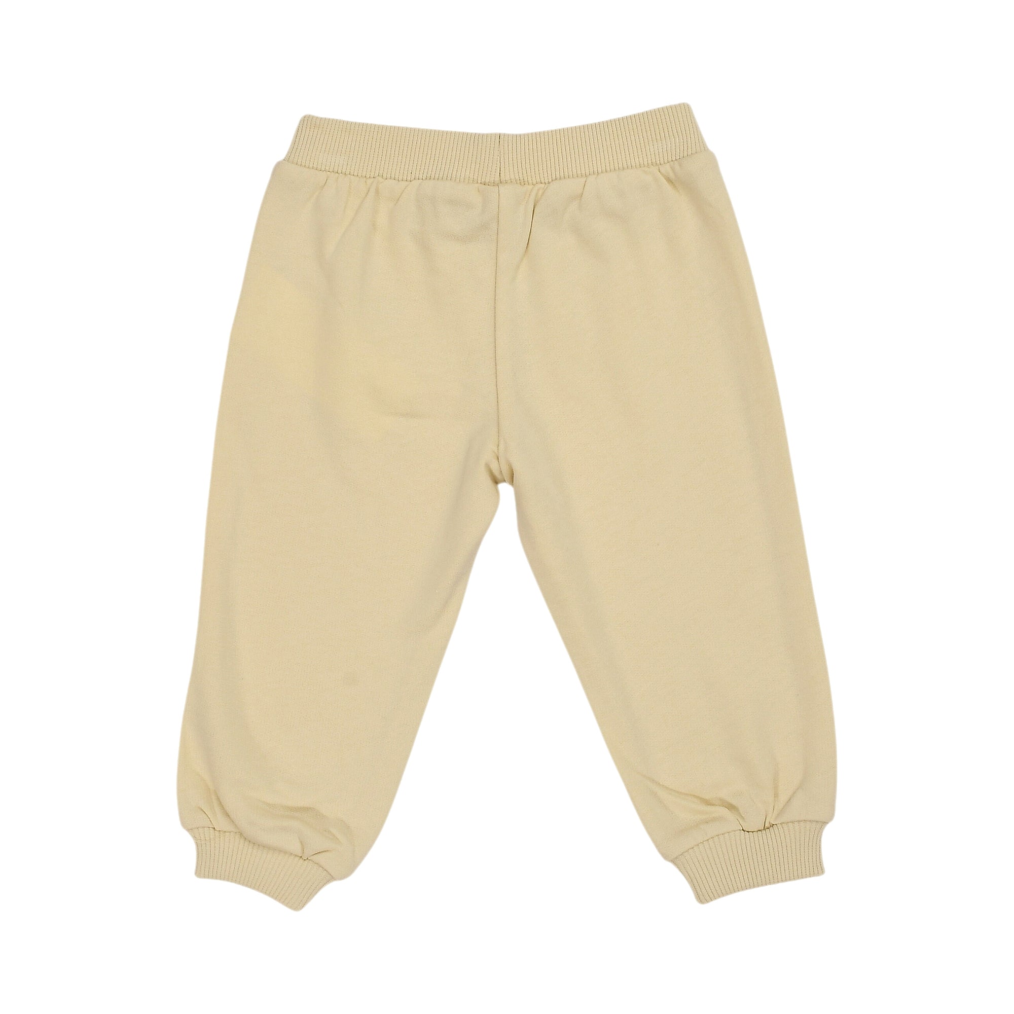 Beige jogging suit pants with a ribbed elastic waistband and ribbed ankle cuffs.