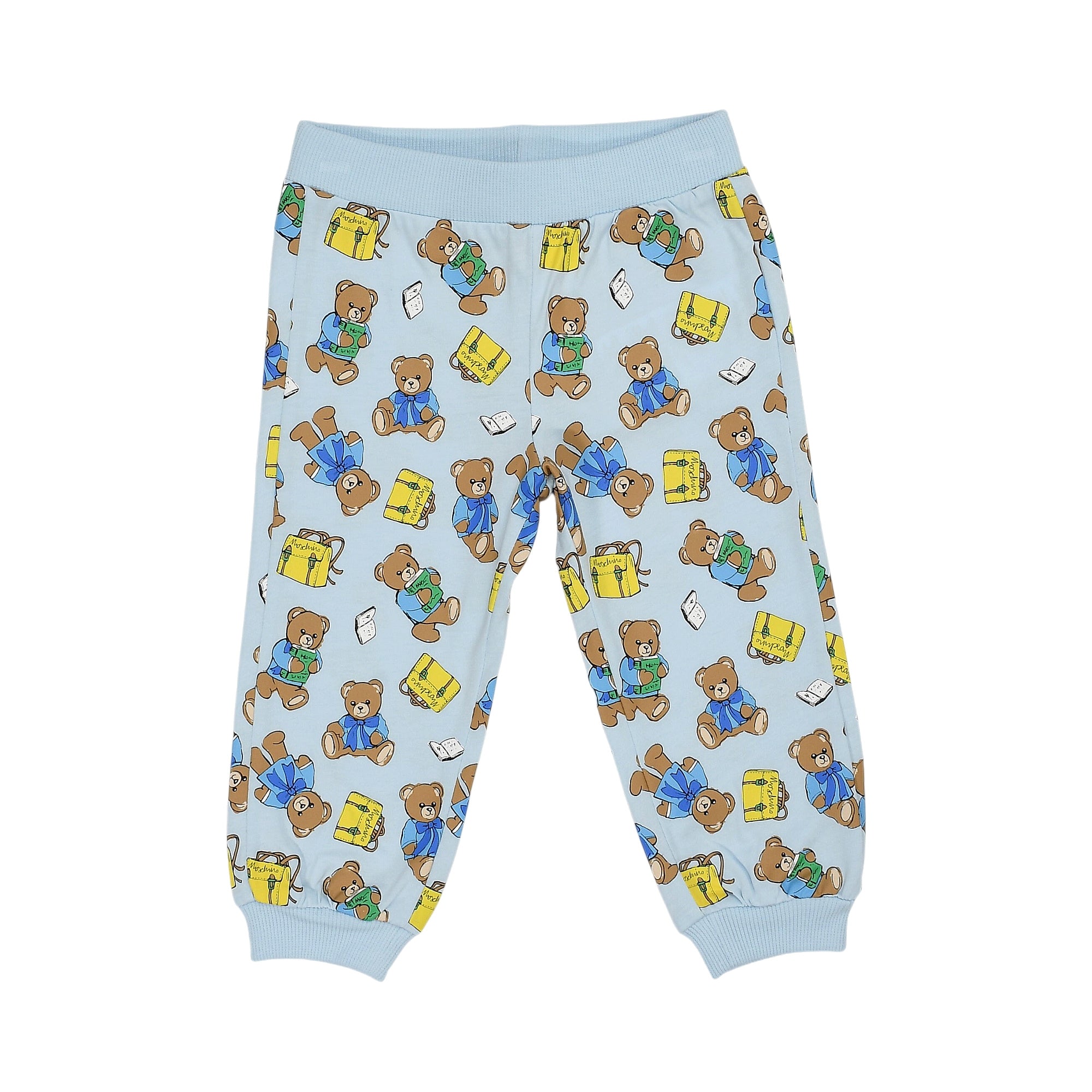 Light blue jogging pants with an allover print of brown teddy bears, some holding green books, others with yellow backpacks.