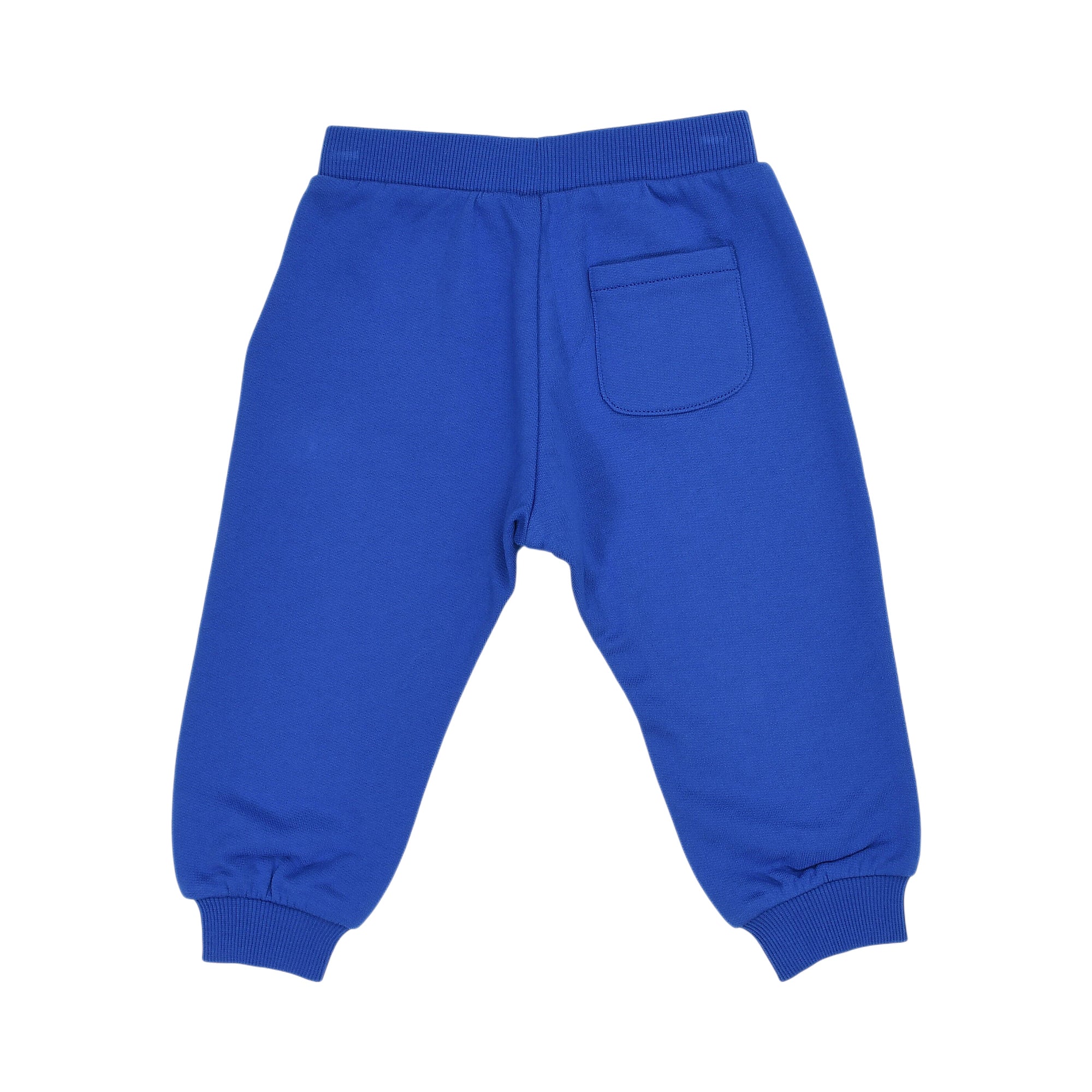 Blue sweatpants with ribbed waist and ankle cuffs, featuring a single patch pocket on the right rear.