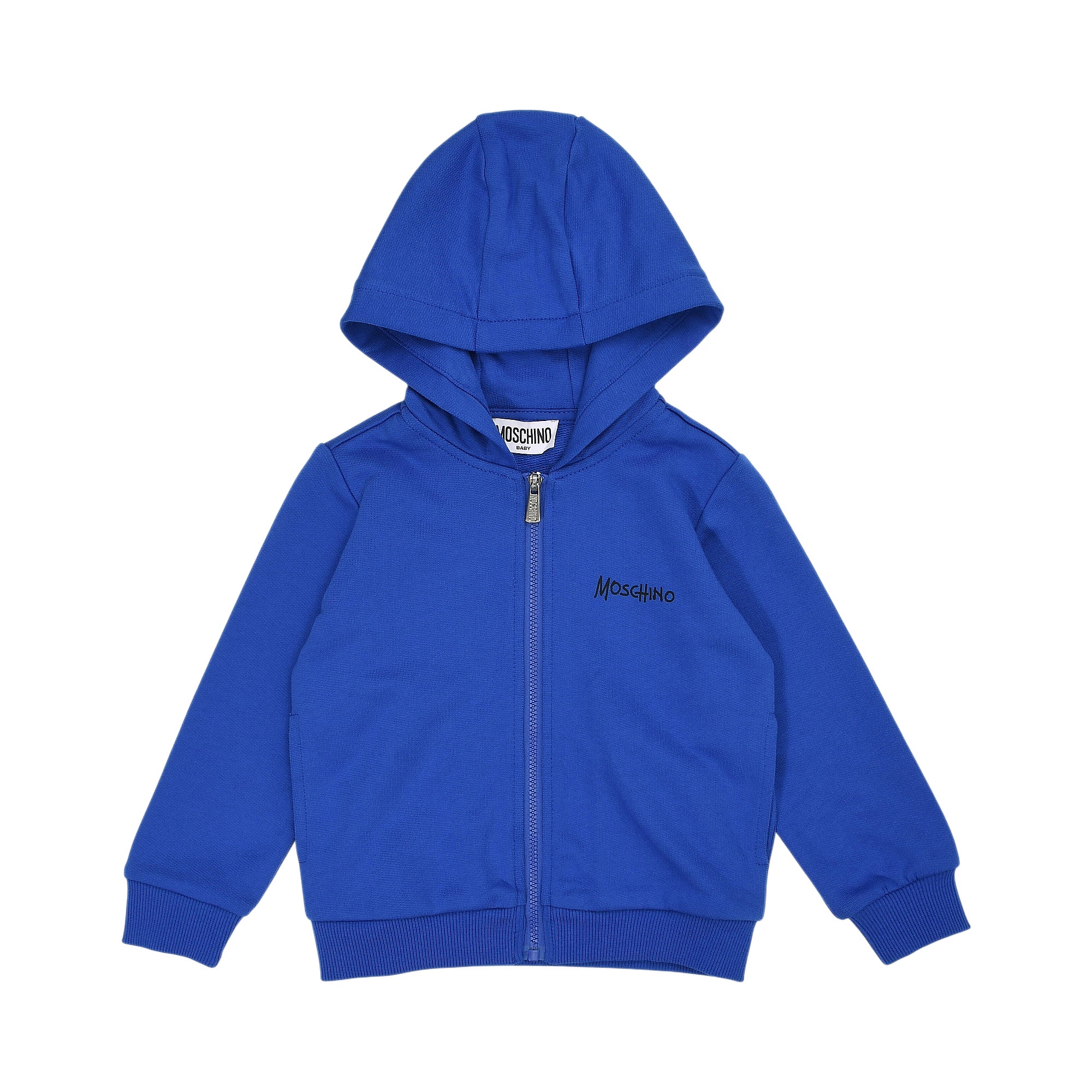 Royal blue full-zip hoodie with ribbed cuffs and hem, featuring a black Moschino logo on the chest.