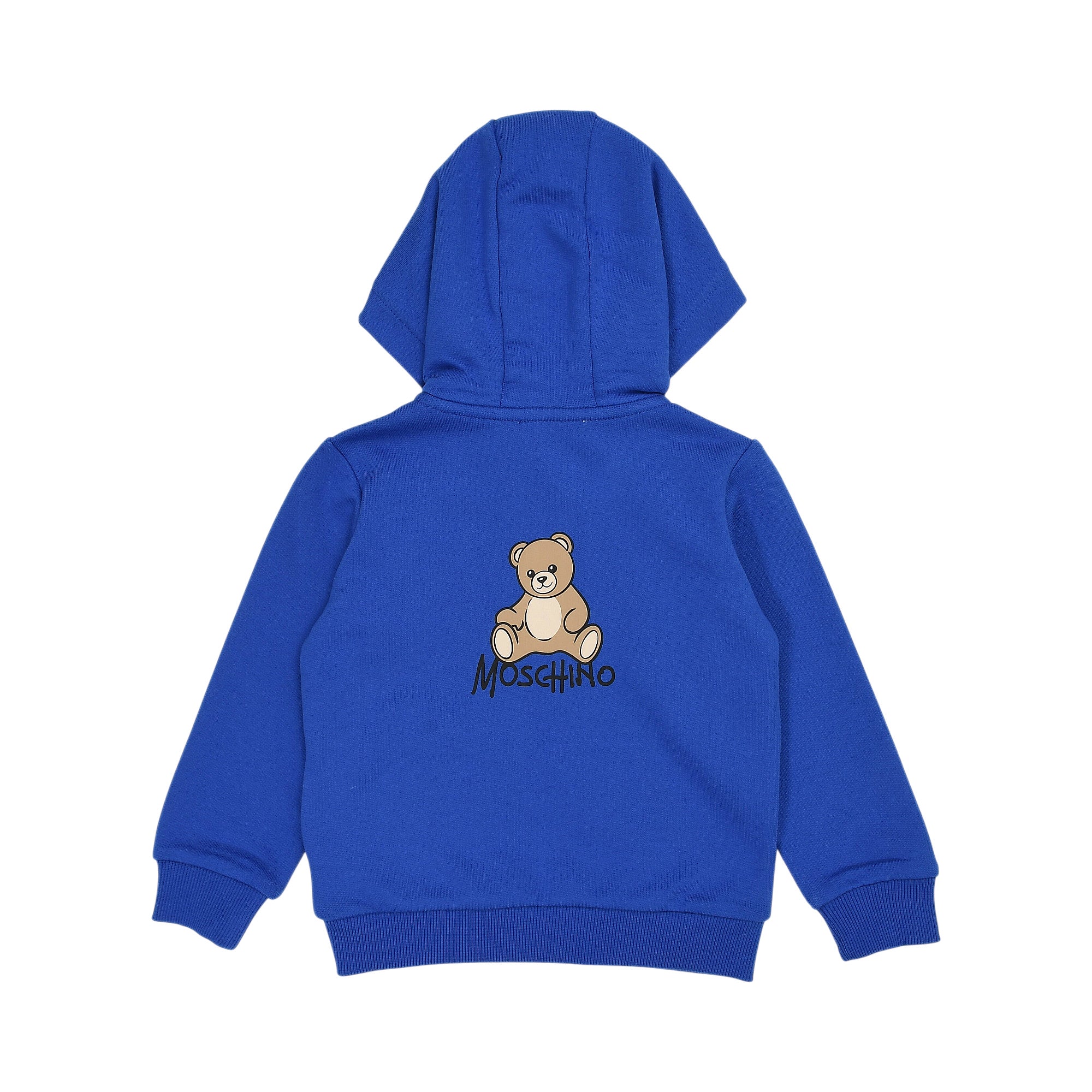 Blue hoodie with a hood, long sleeves, ribbed cuffs and hem. The back features a sitting teddy bear graphic with 'MOSCHINO' t