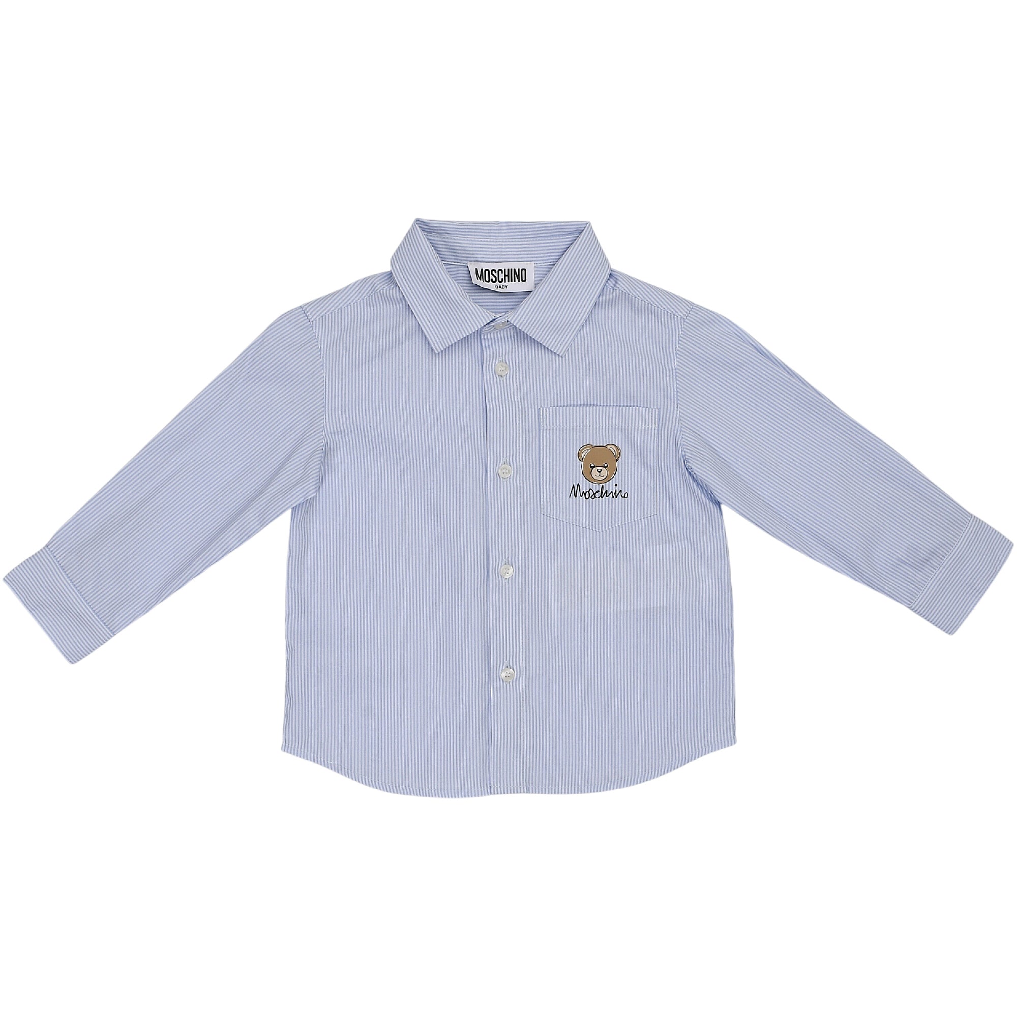 Blue and white striped button-up shirt with collar, long sleeves, and a left chest pocket with teddy bear and Moschino.