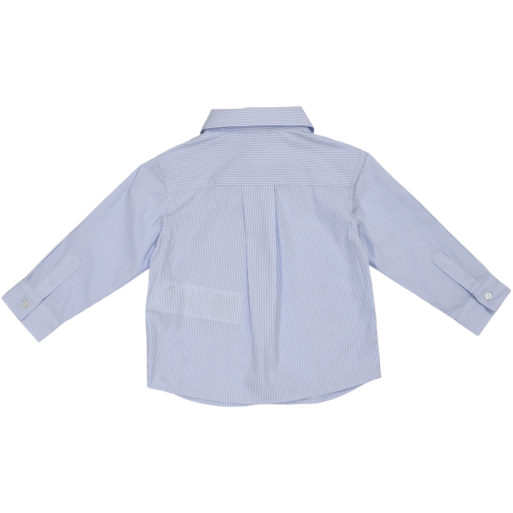 Back view of a blue and white striped long-sleeved shirt with a collar, buttoned cuffs, back yoke, and pleats.
