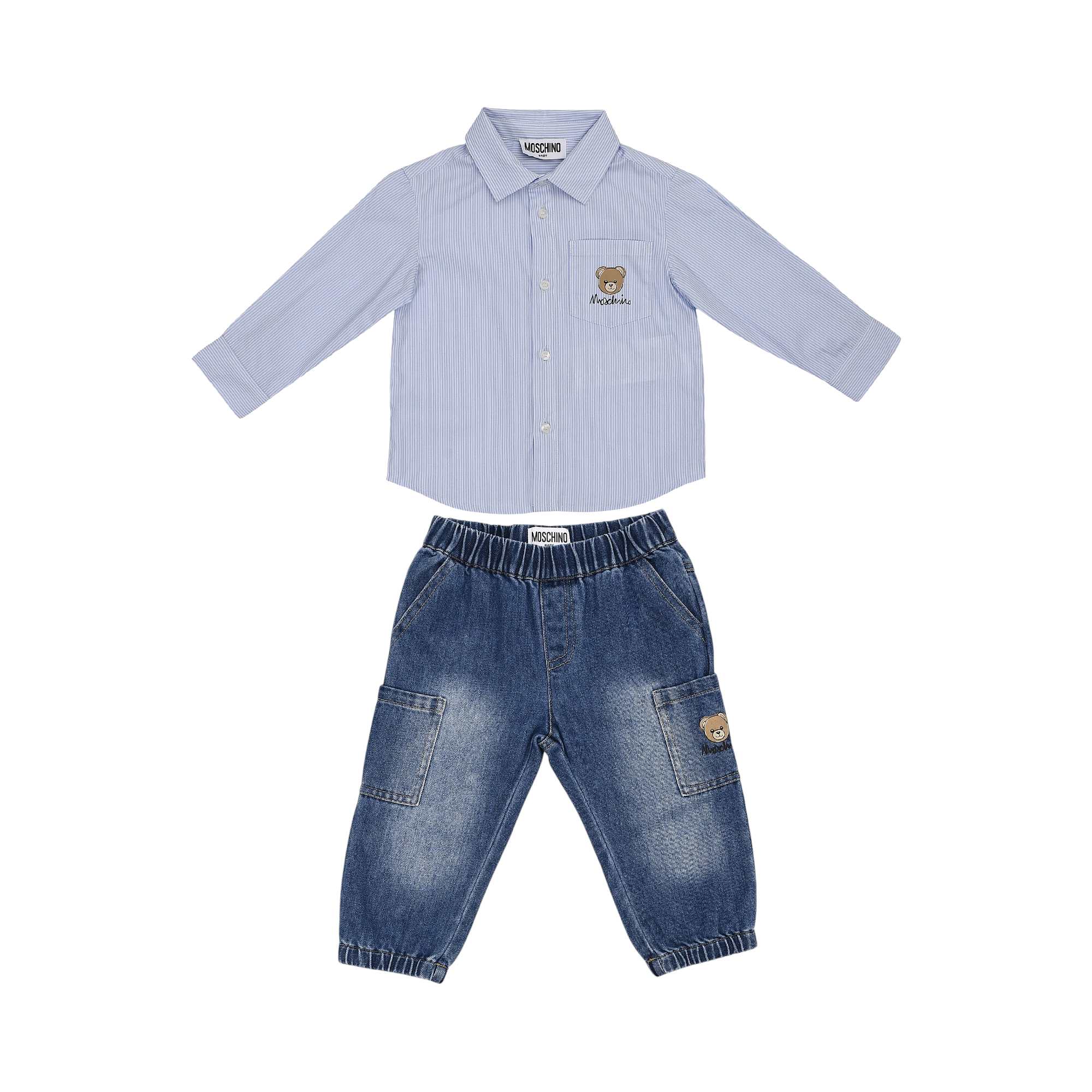 Light blue striped long-sleeved shirt with a teddy bear embroidered chest pocket and mid-wash blue denim trousers with cargo
