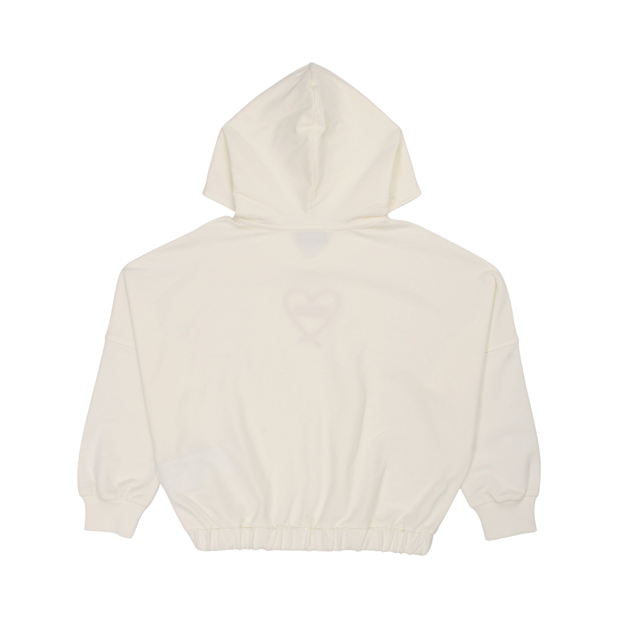 Cream hooded sweatshirt, back view. Features long sleeves, elasticated cuffs and hem, and a faint red heart outline on the ba