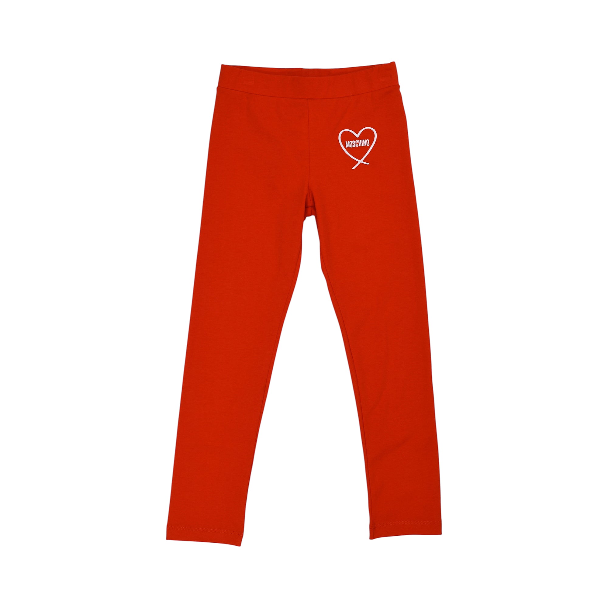 Red leggings with an elasticated waist and a white Moschino heart logo on the upper left thigh.
