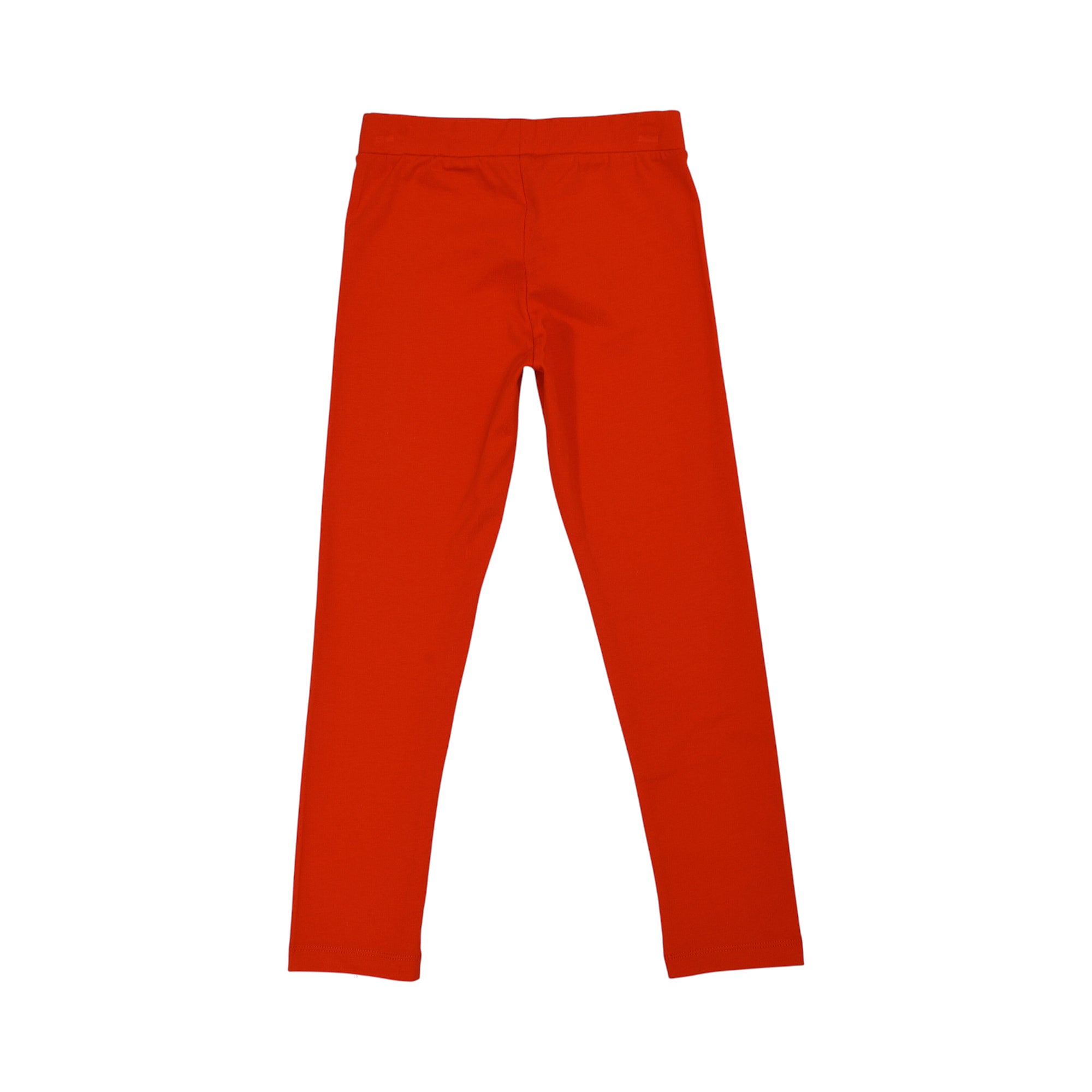 Red full-length leggings with an elastic waistband and a smooth, stretchy texture.