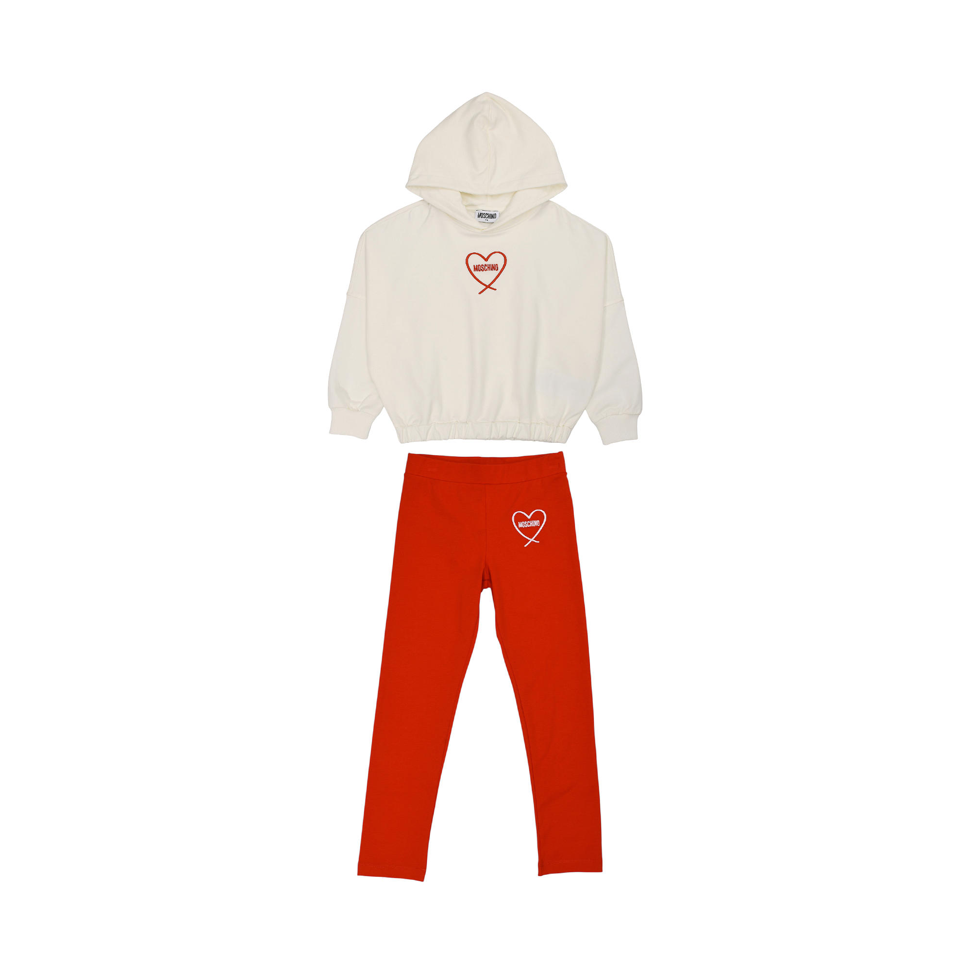 Moschino Kids off-white hooded sweatshirt with red heart logo and red full-length leggings with matching logo.