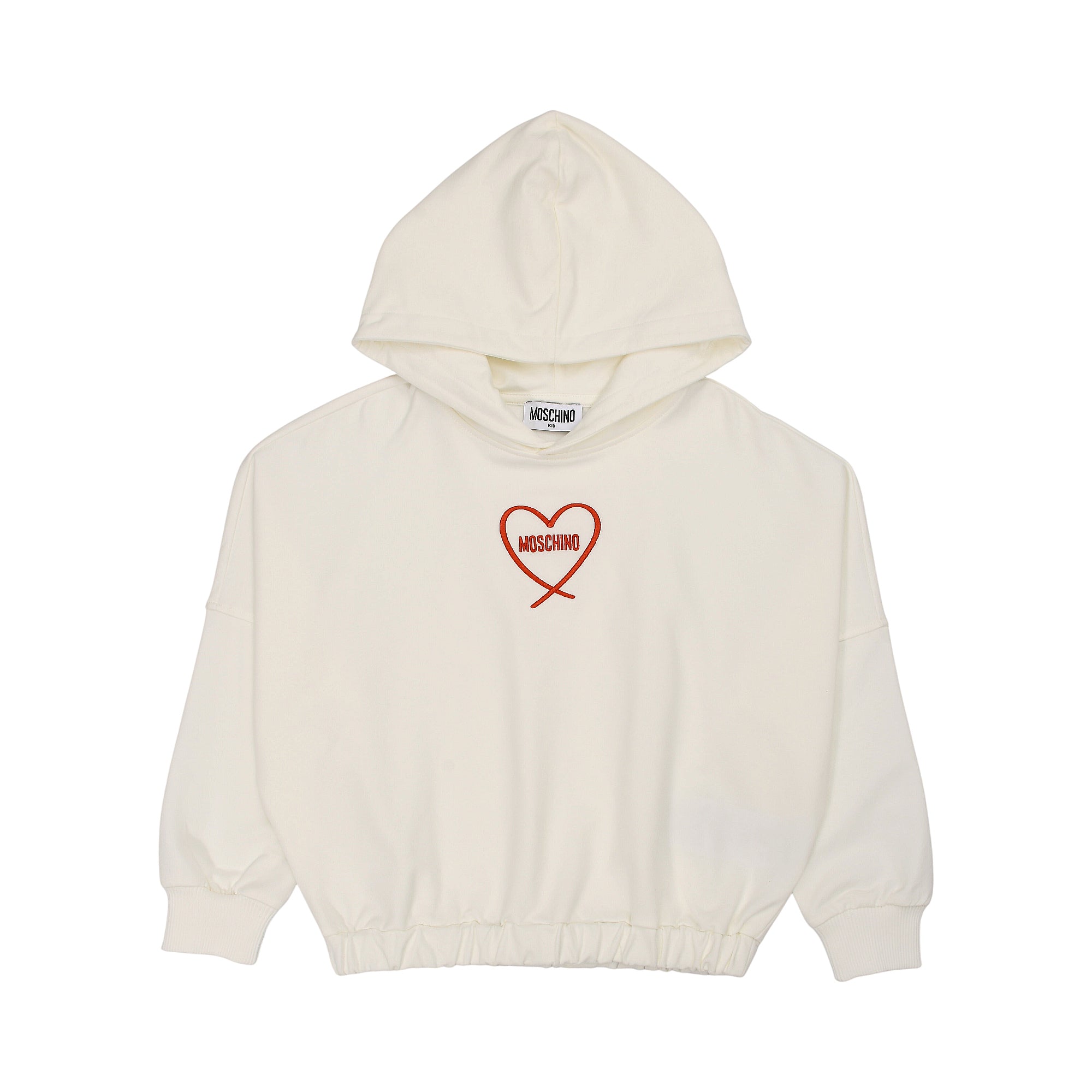 Off-white hooded sweatshirt with long sleeves, ribbed cuffs, and elasticated hem. Red outline heart with 'MOSCHINO' on chest.
