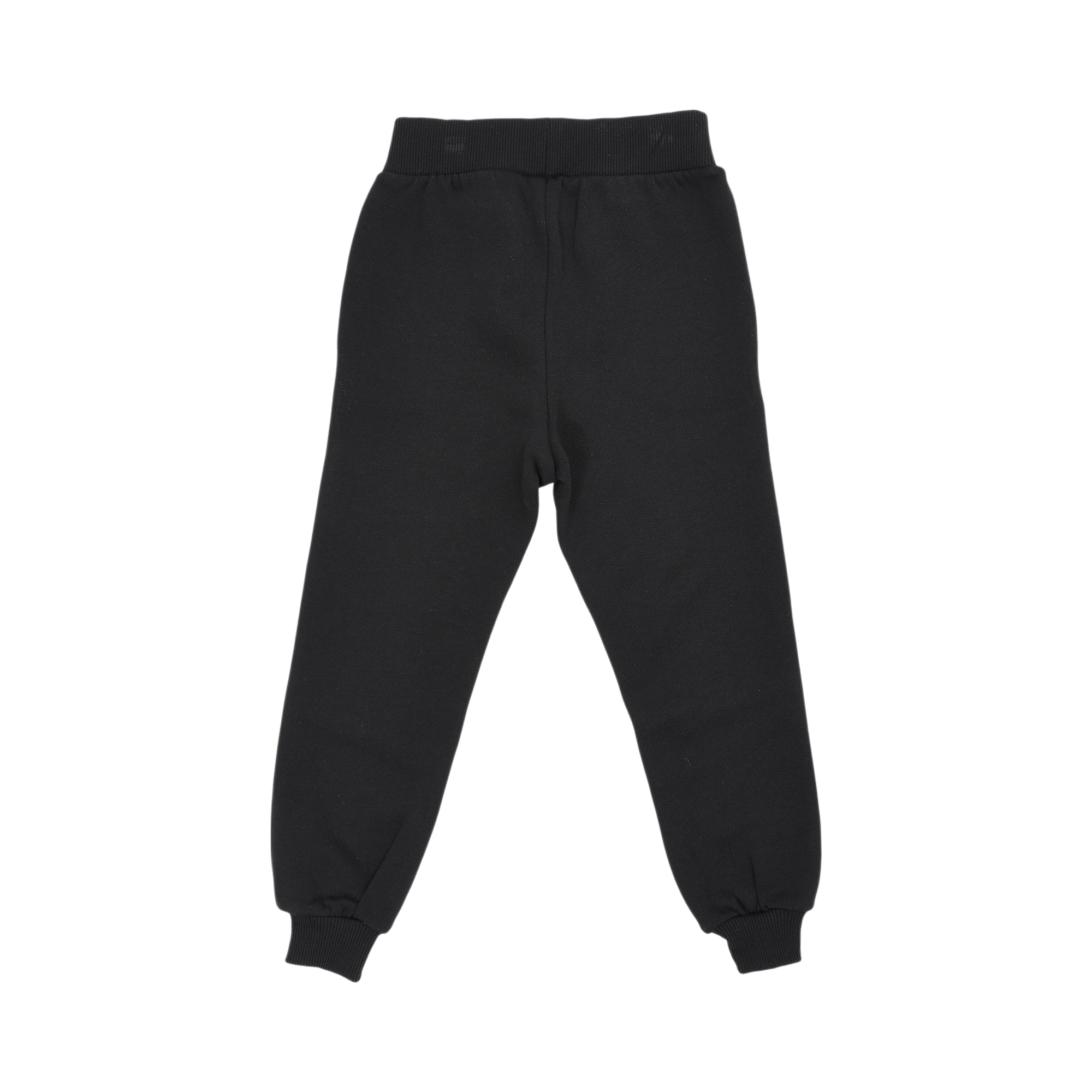 Black jogging bottoms with an elasticated ribbed waistband and ribbed cuffs.