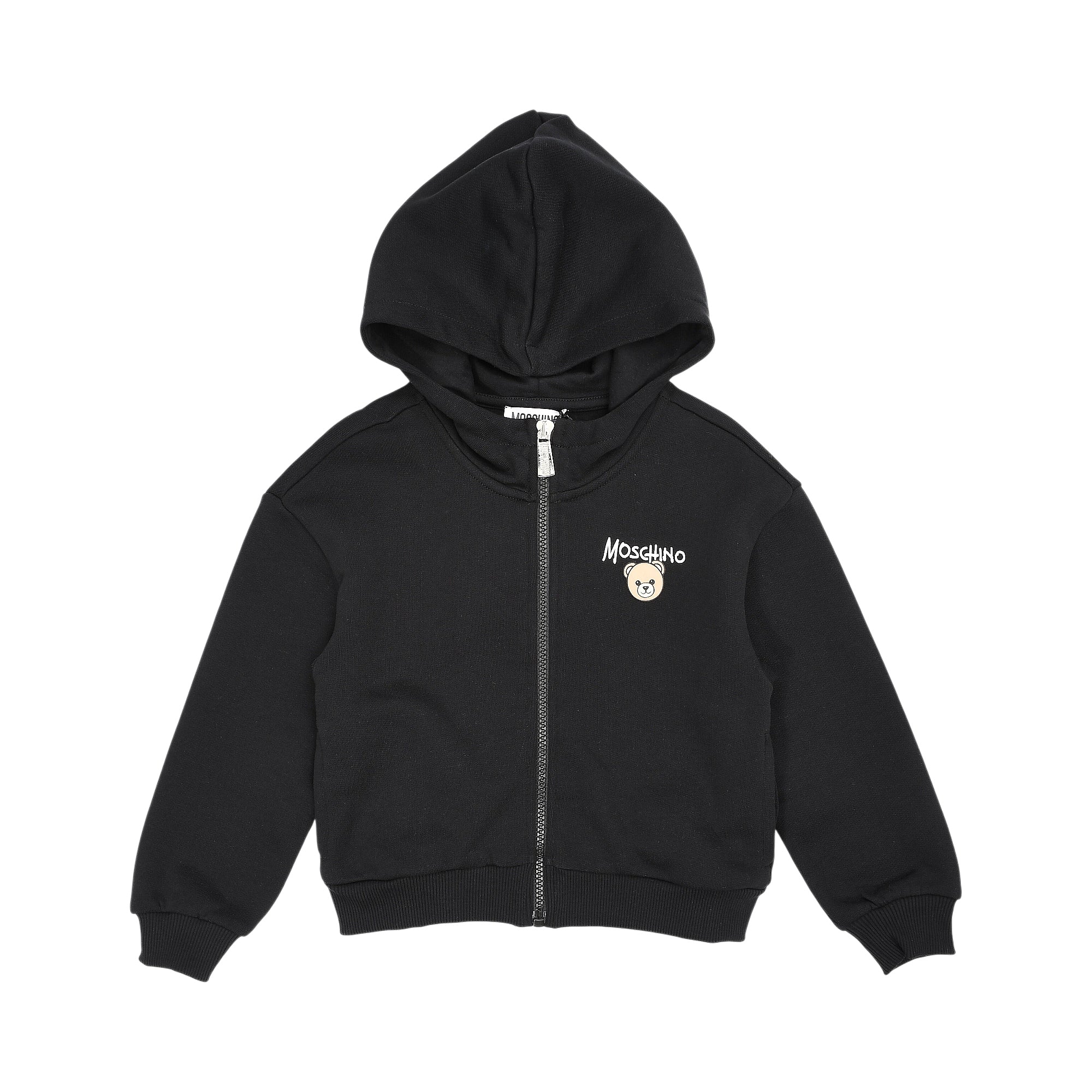 Black full-zip hoodie with a silver-toned zipper, Moschino text and Teddy Bear logo on the left chest, ribbed cuffs and hem.
