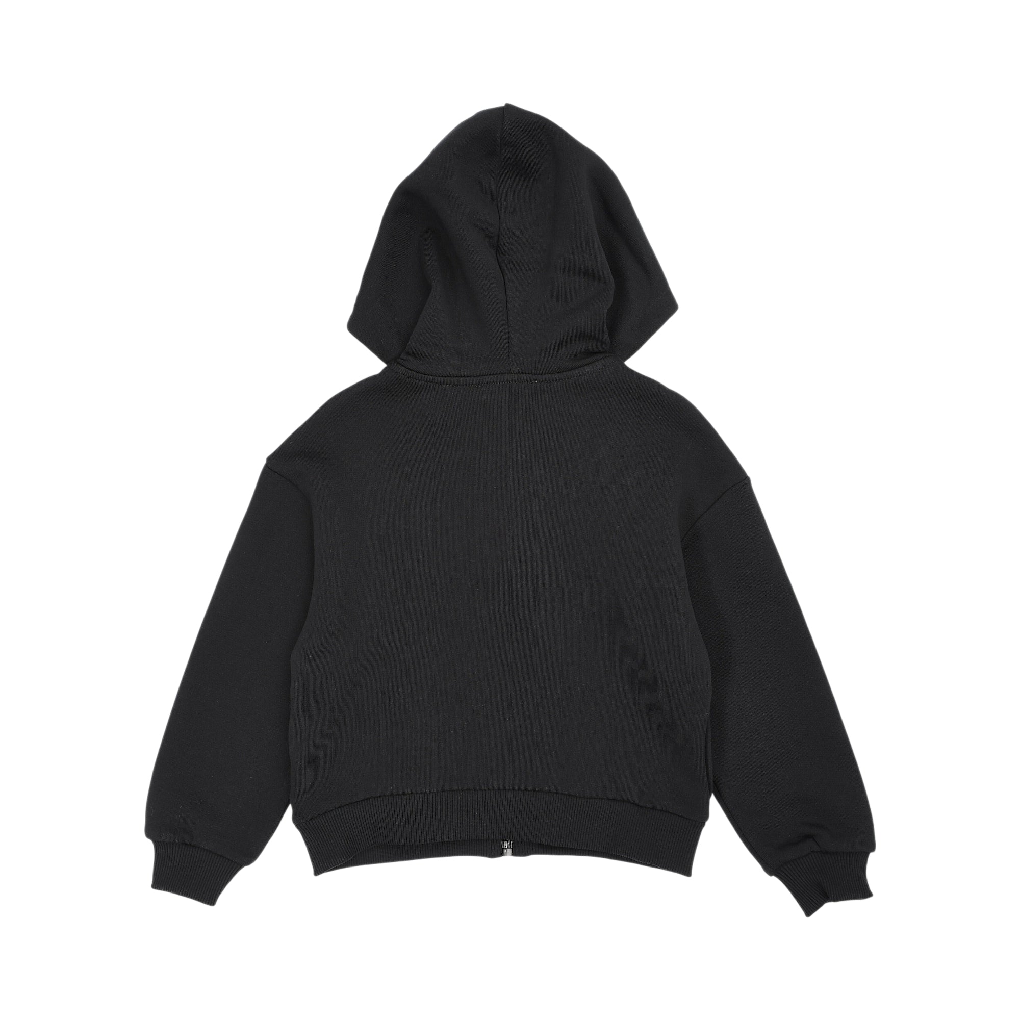 Black full-zip hoodie with a hood, ribbed cuffs on long sleeves, and a ribbed hem. Silver-toned zipper pull.