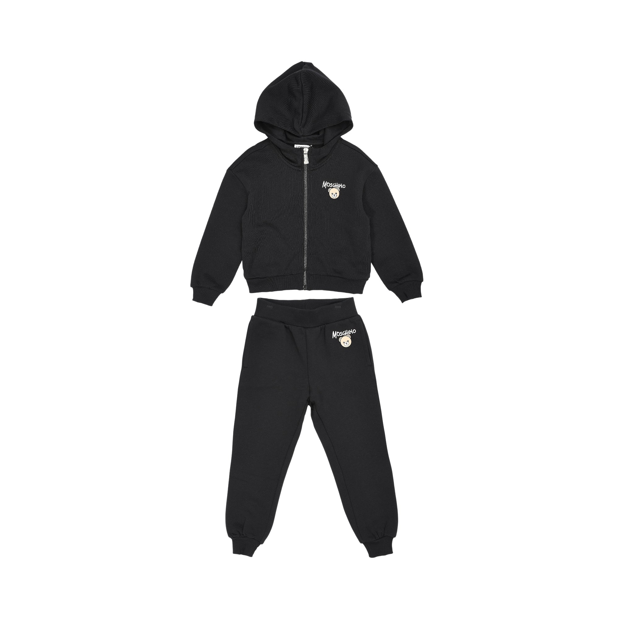 Black Moschino Kids jogging suit with hooded zip-up jacket and matching jogging bottoms, featuring a teddy bear logo.